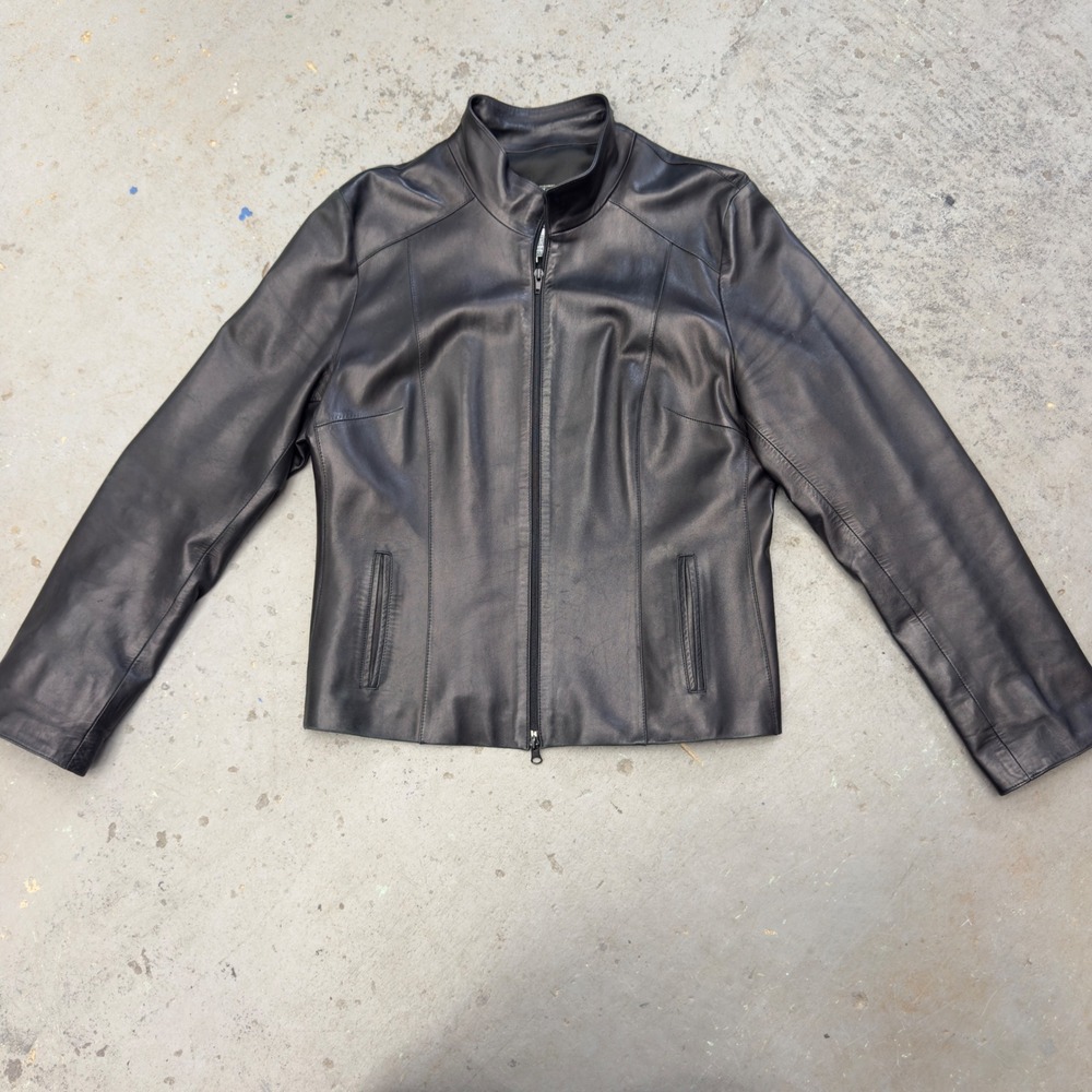 Peruzzi Italian Leather Jacket Black Mock Neck Zip Front Made in Florence 50